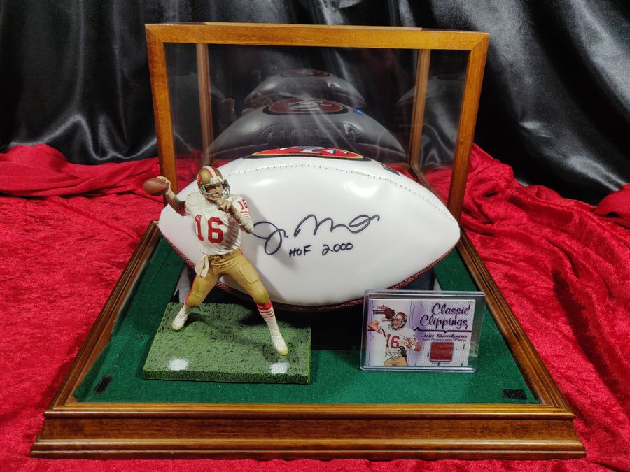 Joe Montana Signed Football Shadowbox 49ers HOF 2000 Ball w/ Card & Figure