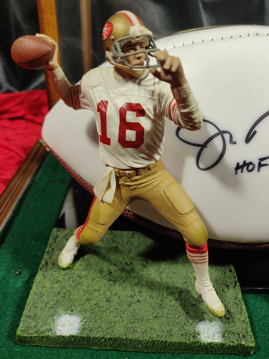 Joe Montana Signed Football Shadowbox 49ers HOF 2000 Ball w/ Card & Figure