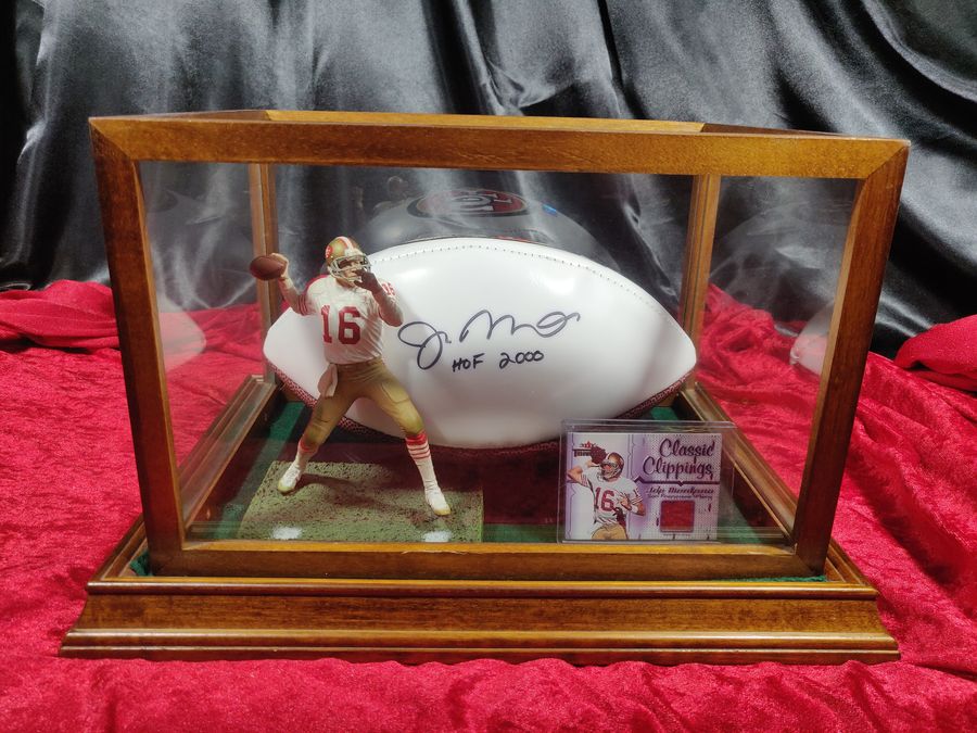 Joe Montana Signed Football Shadowbox 49ers HOF 2000 Ball w/ Card & Figure