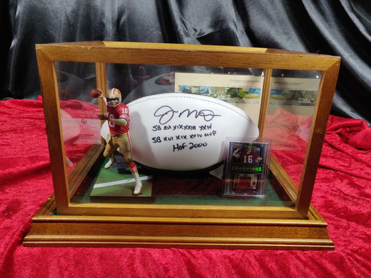 Joe Montana Signed Football Shadowbox 49ers HOF/SB MVP Ball w/ Card & Figure