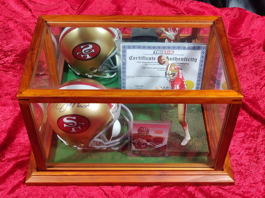 Joe Montana Signed Mini Helmet Shadowbox 49ers w/ Jersey Card & Figure Tristar