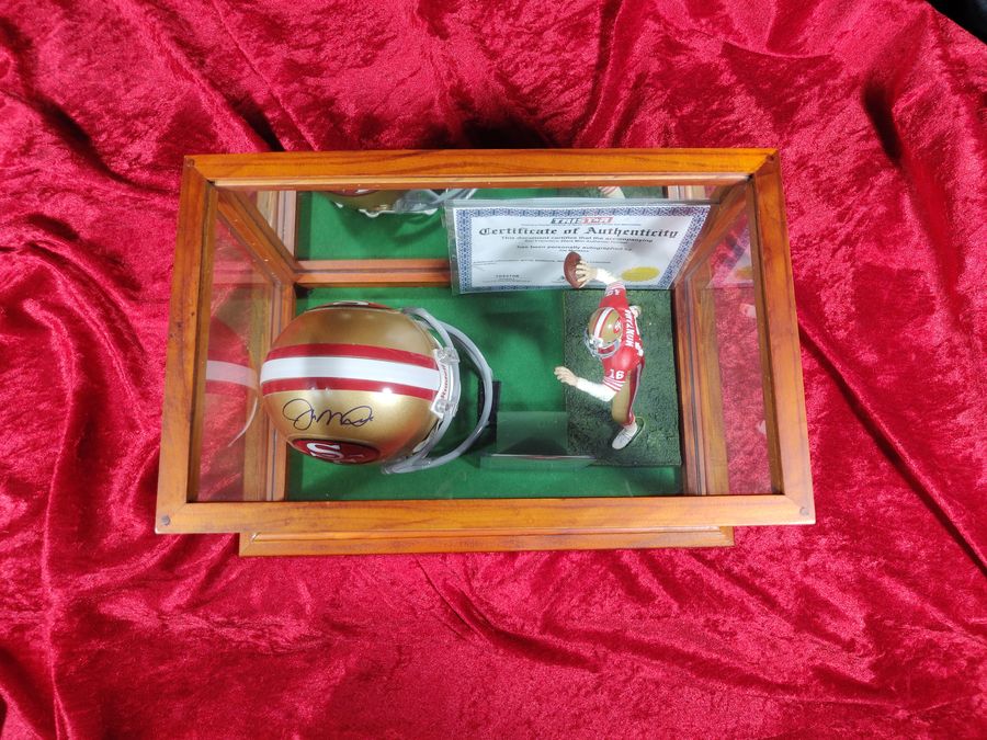 Joe Montana Signed Mini Helmet Shadowbox 49ers w/ Jersey Card & Figure Tristar