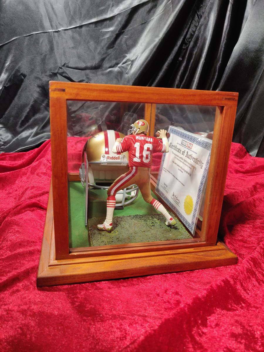 Joe Montana Signed Mini Helmet Shadowbox 49ers w/ Jersey Card & Figure Tristar
