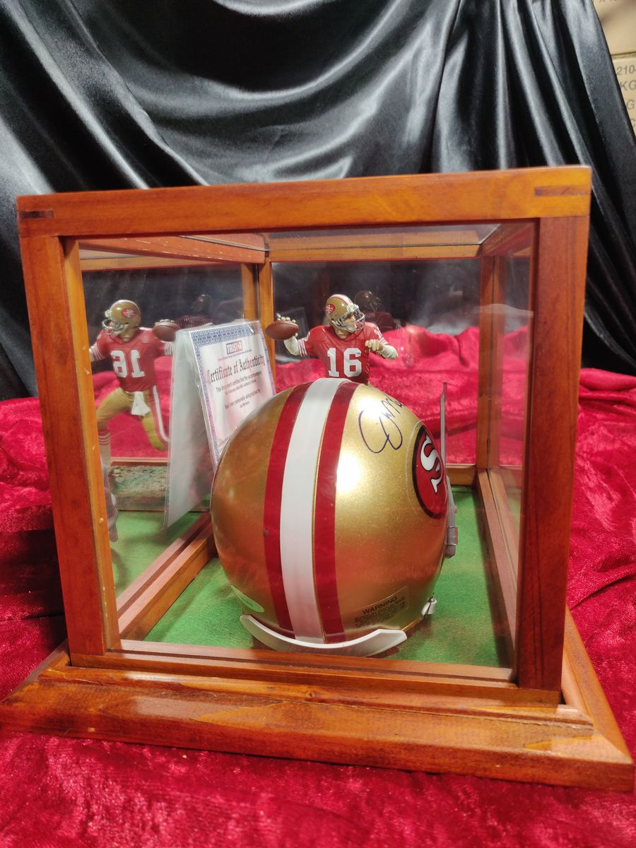 Joe Montana Signed Mini Helmet Shadowbox 49ers w/ Jersey Card & Figure Tristar