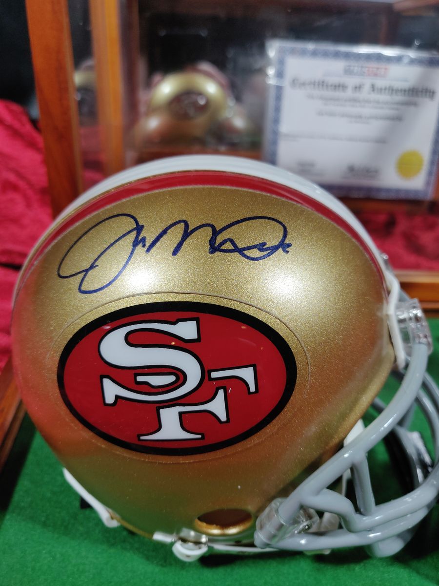 Joe Montana Signed Mini Helmet Shadowbox 49ers w/ Jersey Card & Figure Tristar