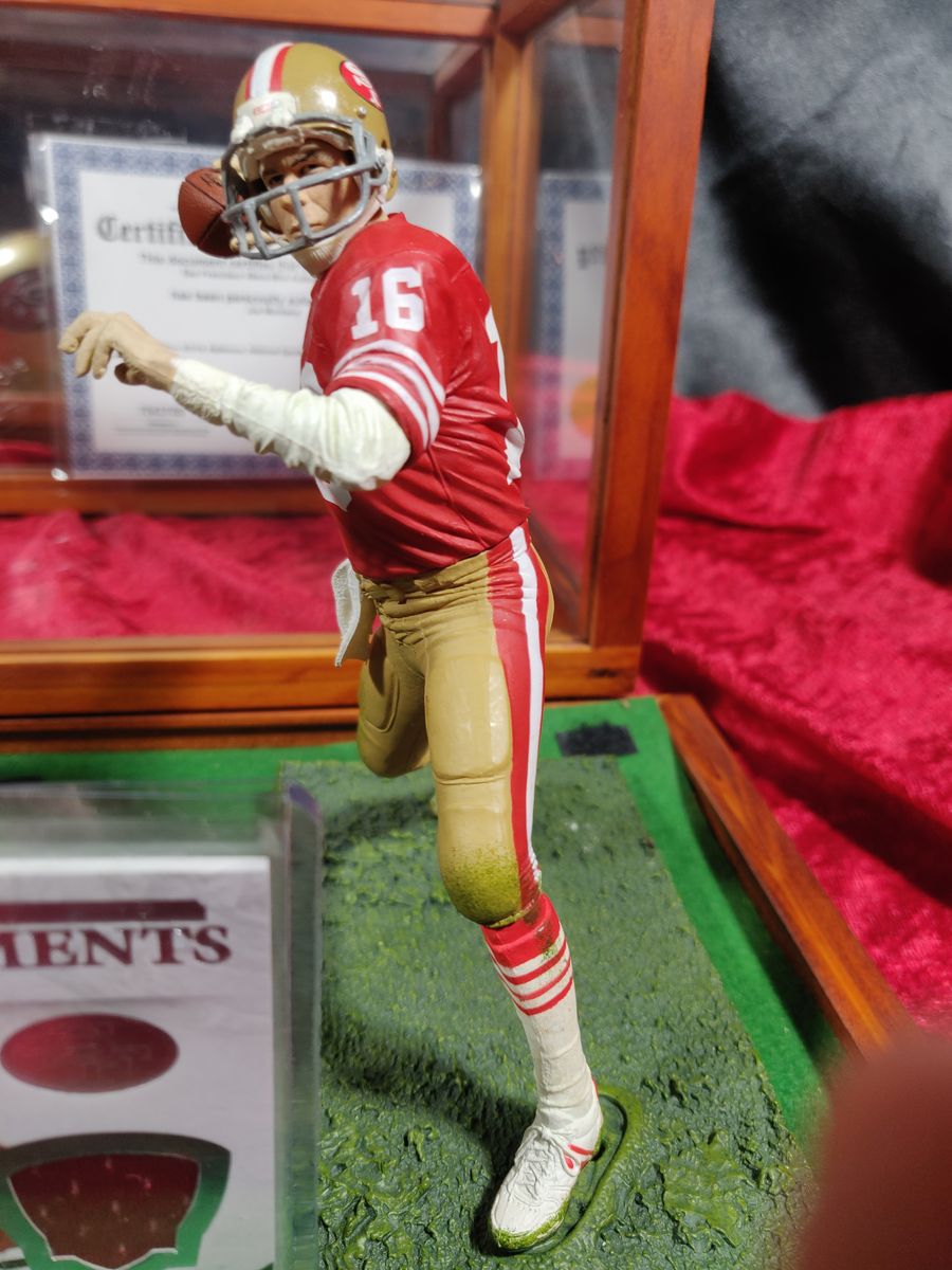 Joe Montana Signed Mini Helmet Shadowbox 49ers w/ Jersey Card & Figure Tristar