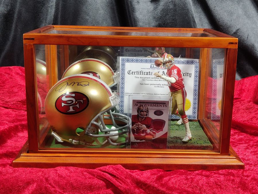 Joe Montana Signed Mini Helmet Shadowbox 49ers w/ Jersey Card & Figure Tristar