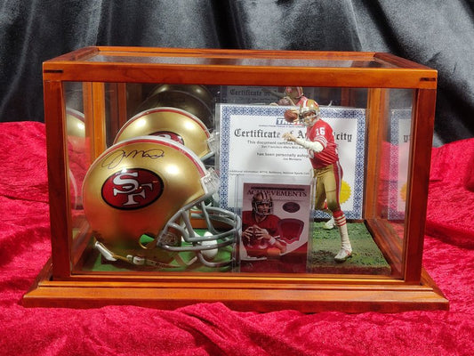 Joe Montana Signed Mini Helmet Shadowbox 49ers w/ Jersey Card & Figure Tristar