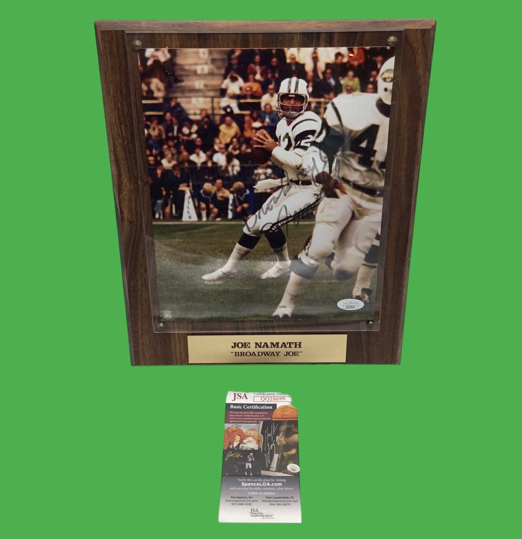 Joe Namath "Broadway Joe" Autographed 8x10" Photo on Plaque JSA COA