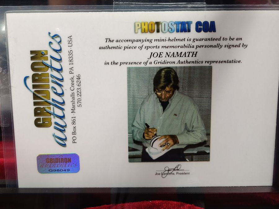 Joe Namath New York Jets Autographed Mini Helmet Shadowbox w/ Card and Figure