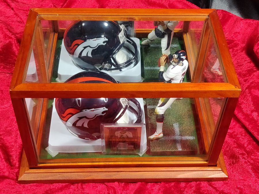John Elway Broncos Autographed Mini Helmet Shadowbox w/ Jersey Card and Figure