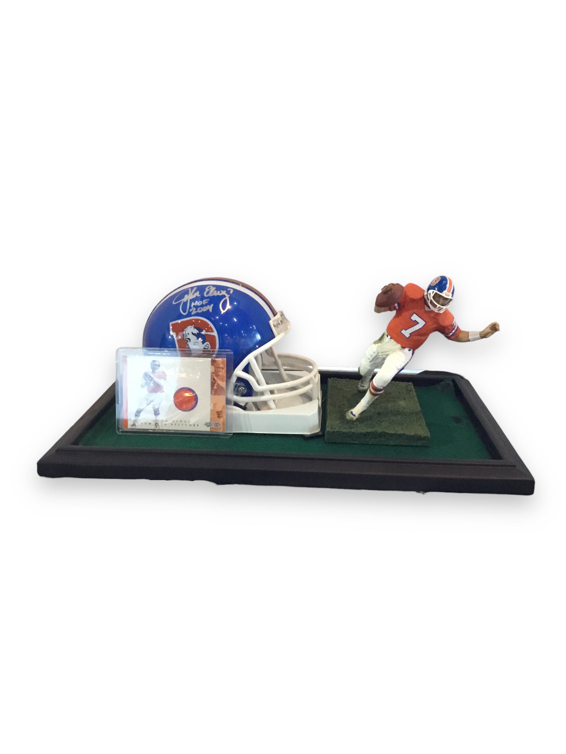 John Elway Broncos Autographed Mini Helmet Shadowbox w/ Jersey Card and Figure