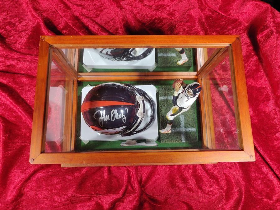 John Elway Broncos Autographed Mini Helmet Shadowbox w/ Jersey Card and Figure
