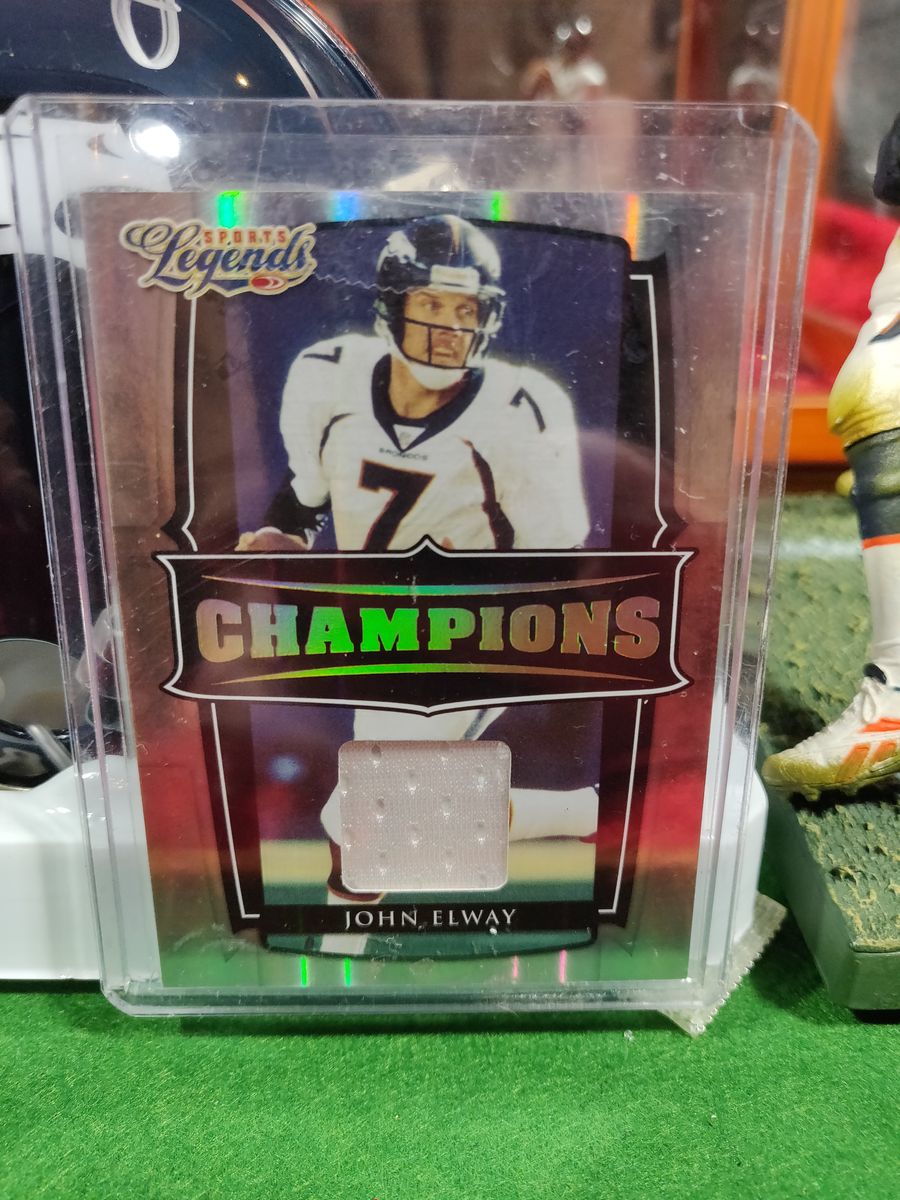 John Elway Broncos Autographed Mini Helmet Shadowbox w/ Jersey Card and Figure