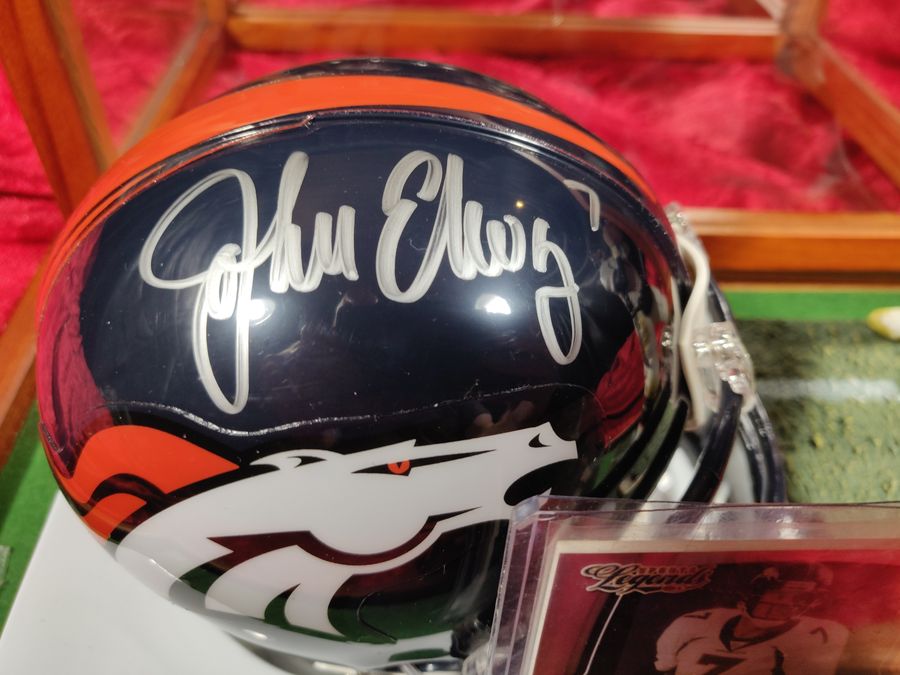 John Elway Broncos Autographed Mini Helmet Shadowbox w/ Jersey Card and Figure