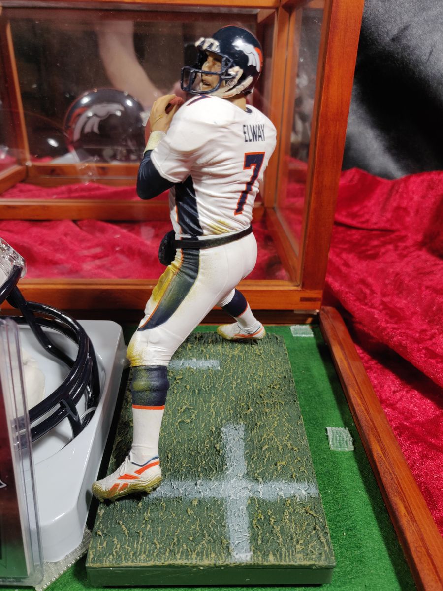 John Elway Broncos Autographed Mini Helmet Shadowbox w/ Jersey Card and Figure