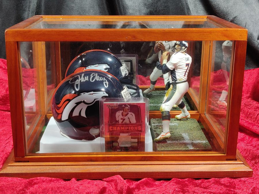 John Elway Broncos Autographed Mini Helmet Shadowbox w/ Jersey Card and Figure