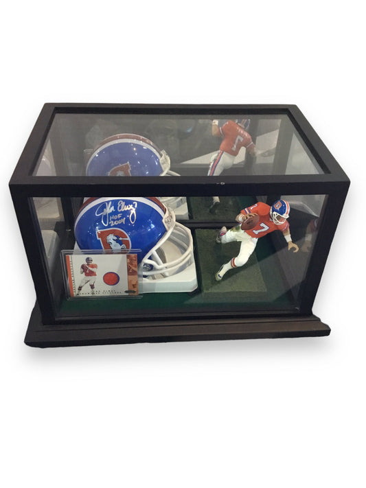 John Elway Broncos Autographed Mini Helmet Shadowbox w/ Jersey Card and Figure