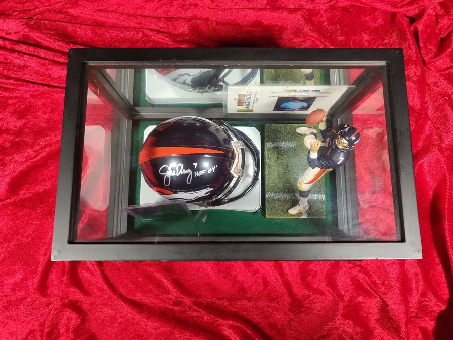 John Elway Signed Mini Helmet Shadowbox 9x10x15 Broncos HOF 04 Gridiron Cert