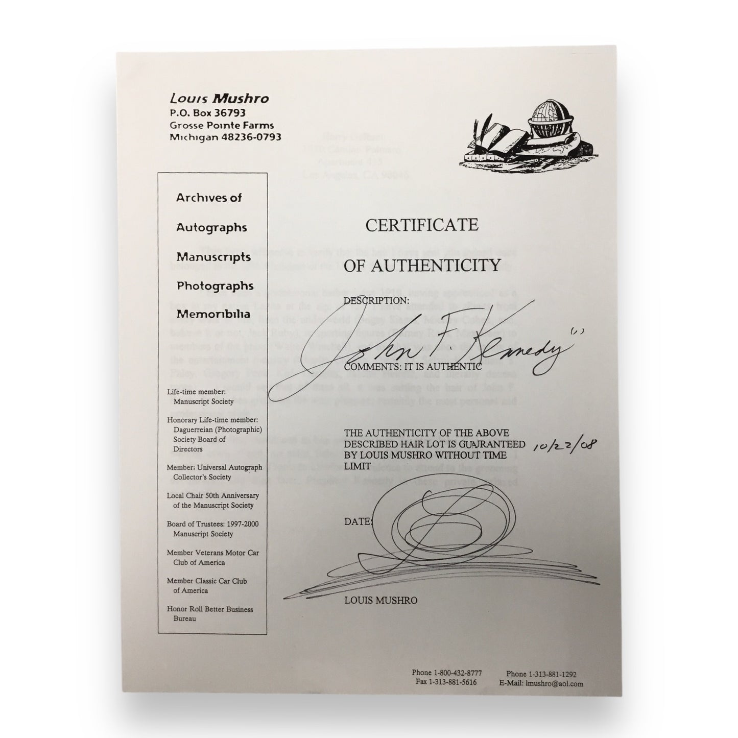 John F. Kennedy Hair Sample with Certificate of Authenticity