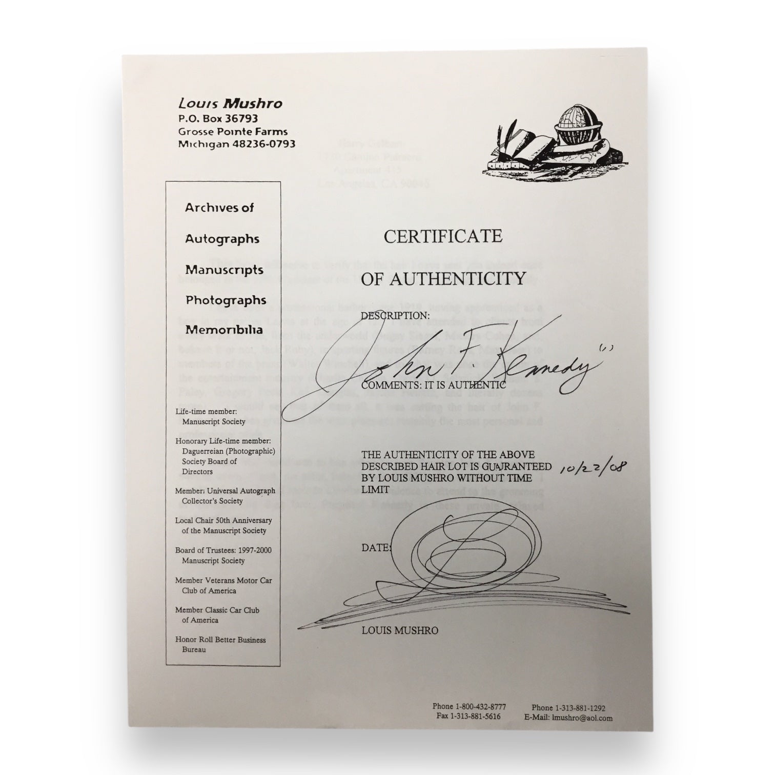 John F. Kennedy Hair Sample with Certificate of Authenticity