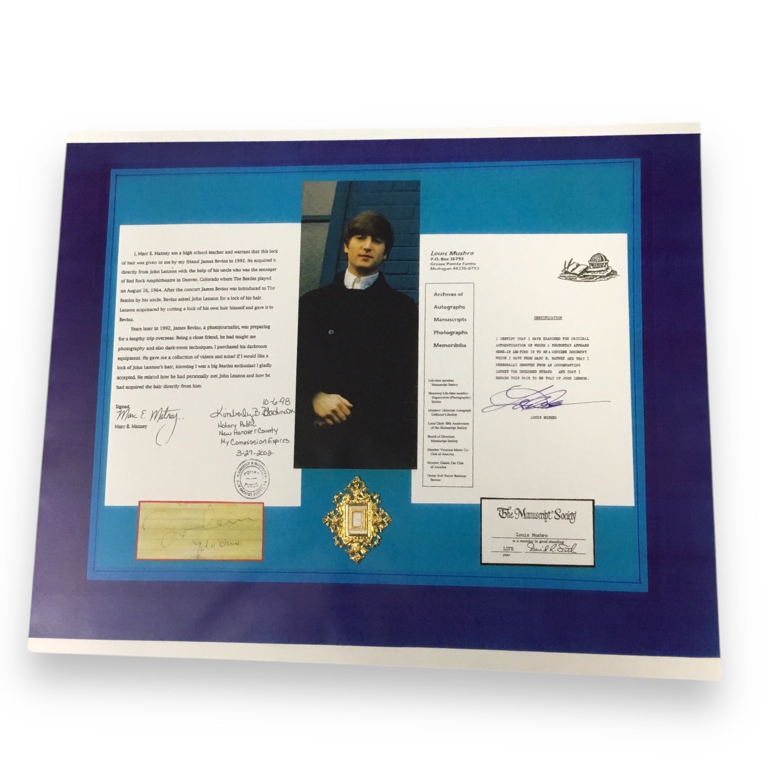 John Lennon Hair Clipping with Certificate of Authenticity