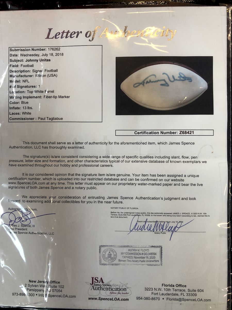 Johnny Unitas Colts Possibly Authentic Autographed Football Shadowbox