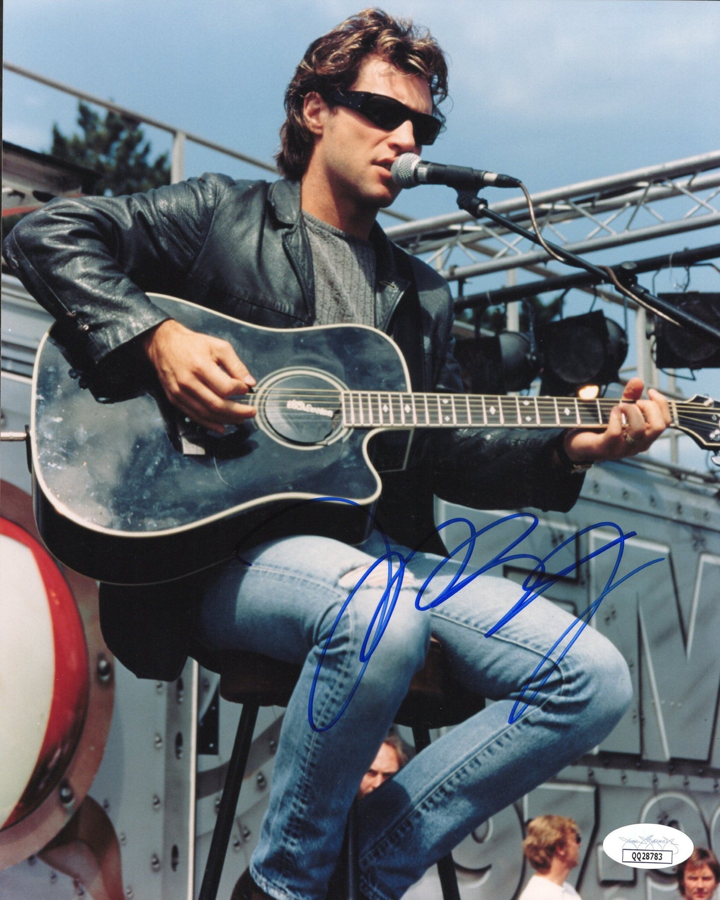 Jon Bon Jovi Signed Photo 8x10, Sitting on Stage Playing Guitar with Sun Glasses, Early Picture - Rare! JSA and PSA Letter Double Certified Authentic QQ28783