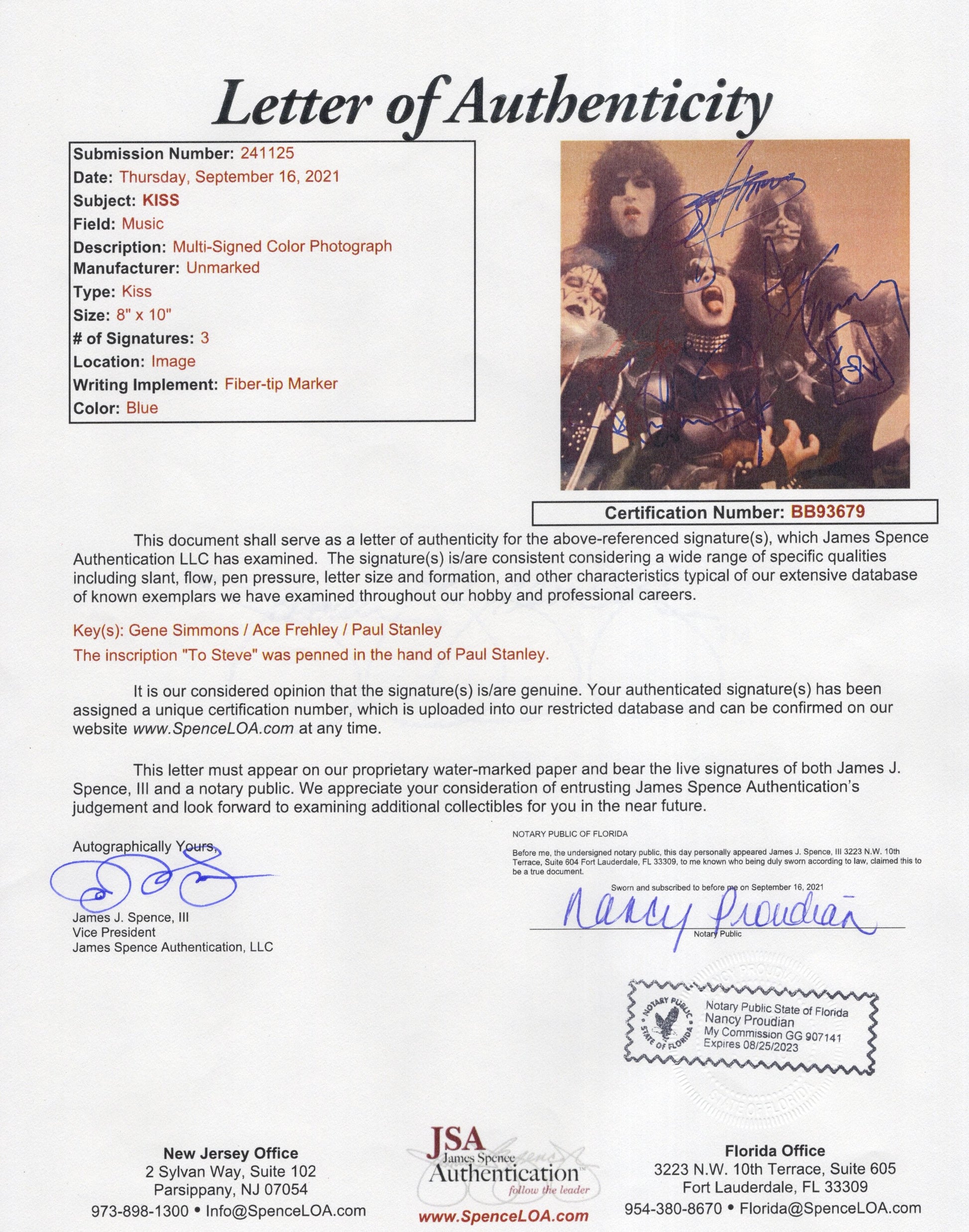 KISS Signed photo 8x10, KISS Autograph by All 4 Members, JSA Letter BB93679 and PSA Letter Double Certified Authentic