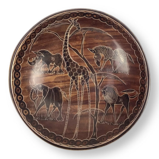 Kenyan Hand-Carved Soapstone Dish – African Savanna Scene, 10"