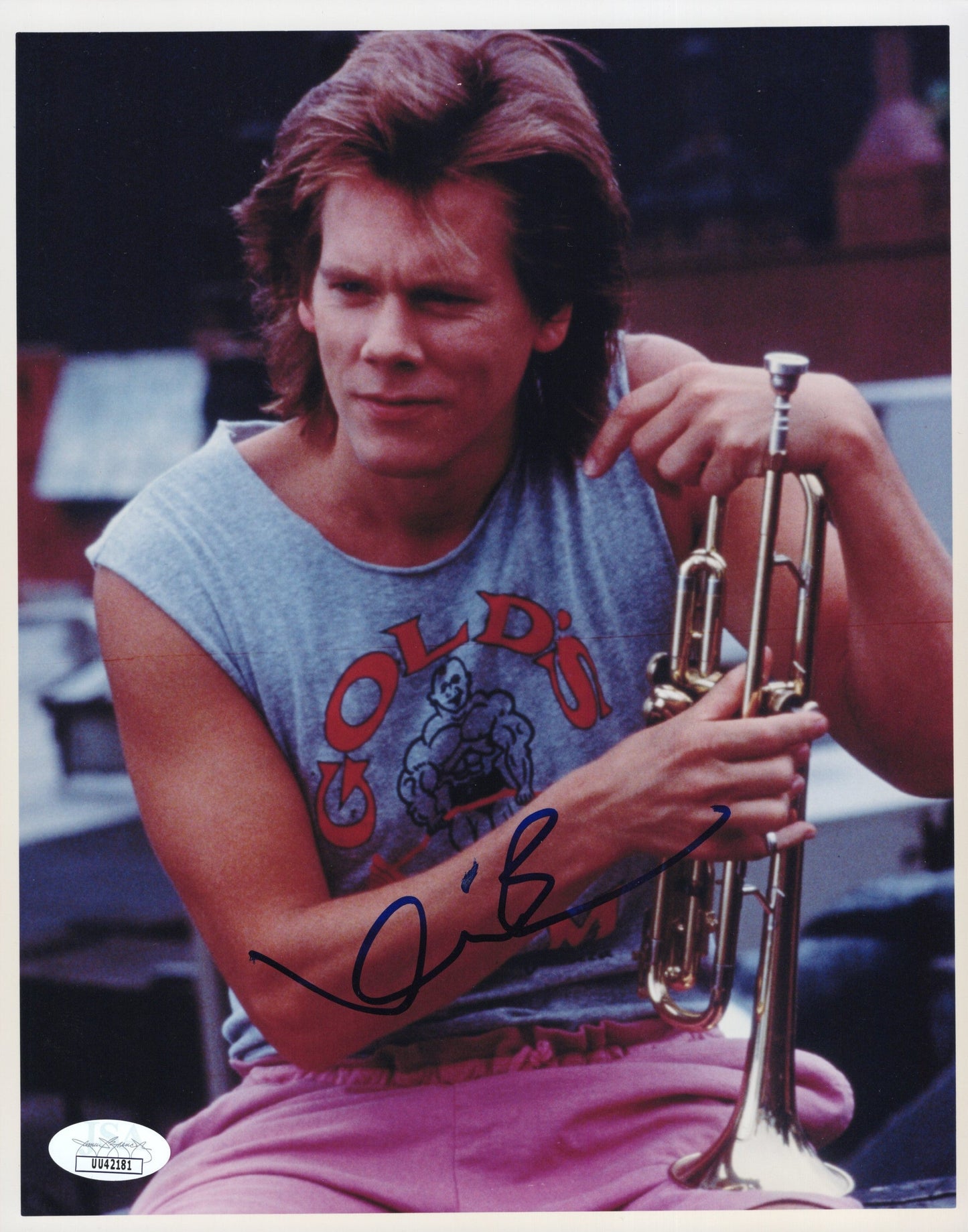 Kevin Bacon with Trumpet Signed Photo 8x10, JSA and PSA Letter Double Certified Authentic UU42181