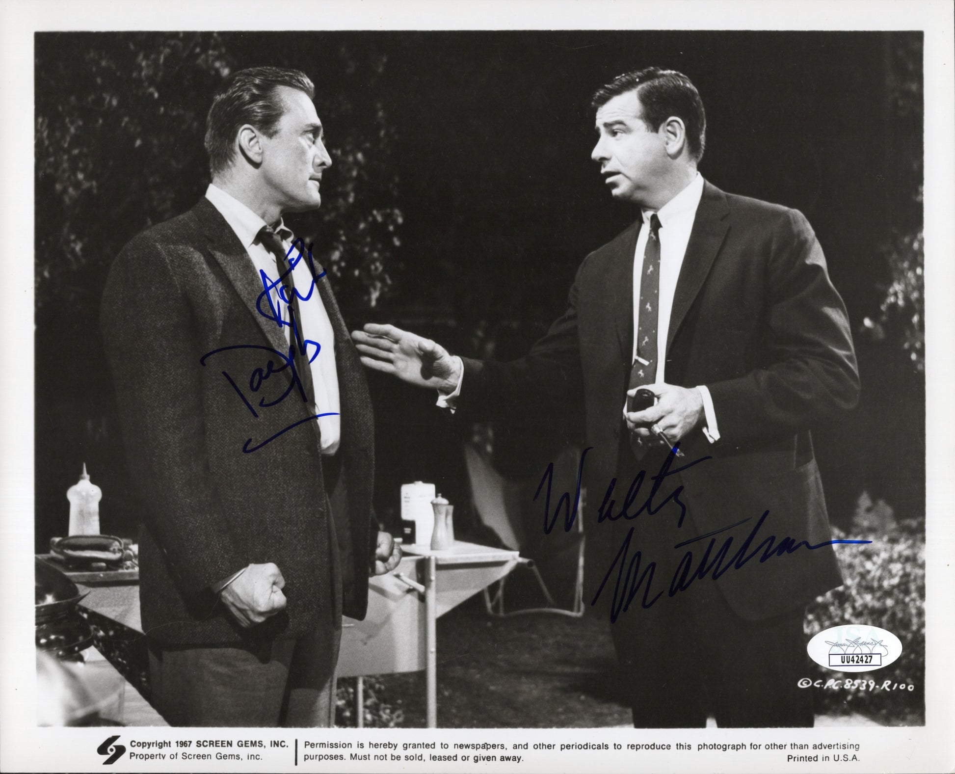 Kirk Douglas and Walter Matthau Signed Photo 8x10, Kirk Douglas Autograph and Walter Matthau Autograph in Strangers When We Meet B&W, JSA and PSA Letter Double Certified Authentic UU42427