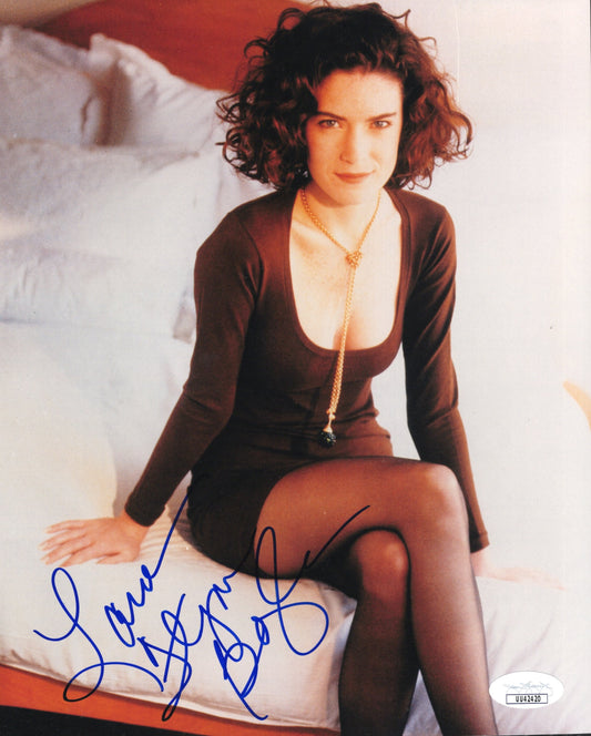 Lara Flynn Boyle Signed Photo 8x10, Lara Flynn Boyle Autograph in Dark Maroon Dress on Bed, JSA and PSA Letter Double Certified Authentic UU42420