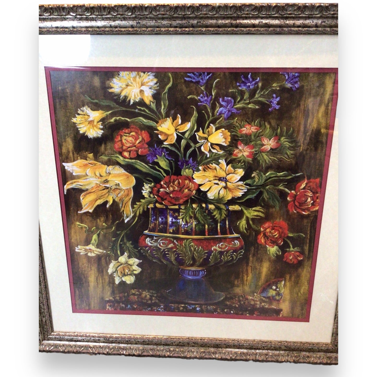 Large Framed Floral Vase Art Print - Still Life Flowers in Decorative Vase