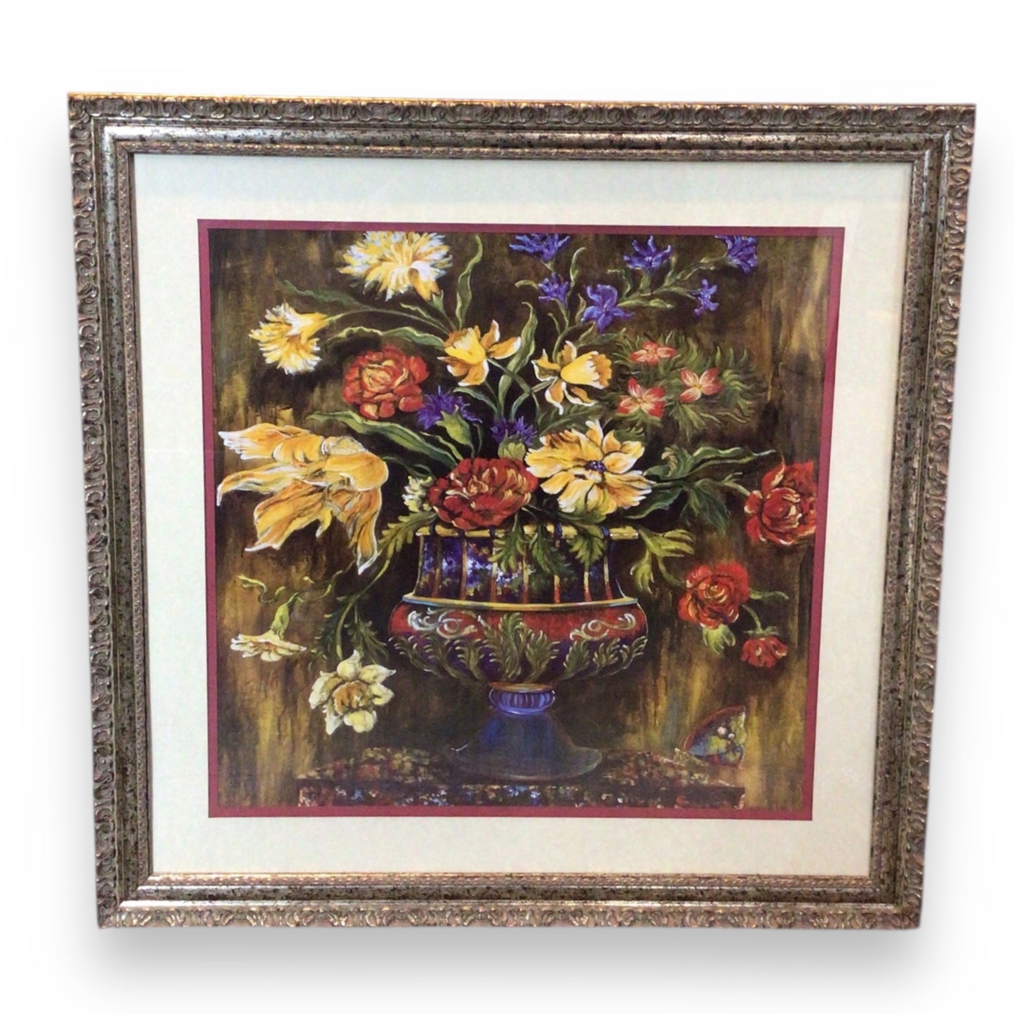 Large Framed Floral Vase Art Print - Still Life Flowers in Decorative Vase