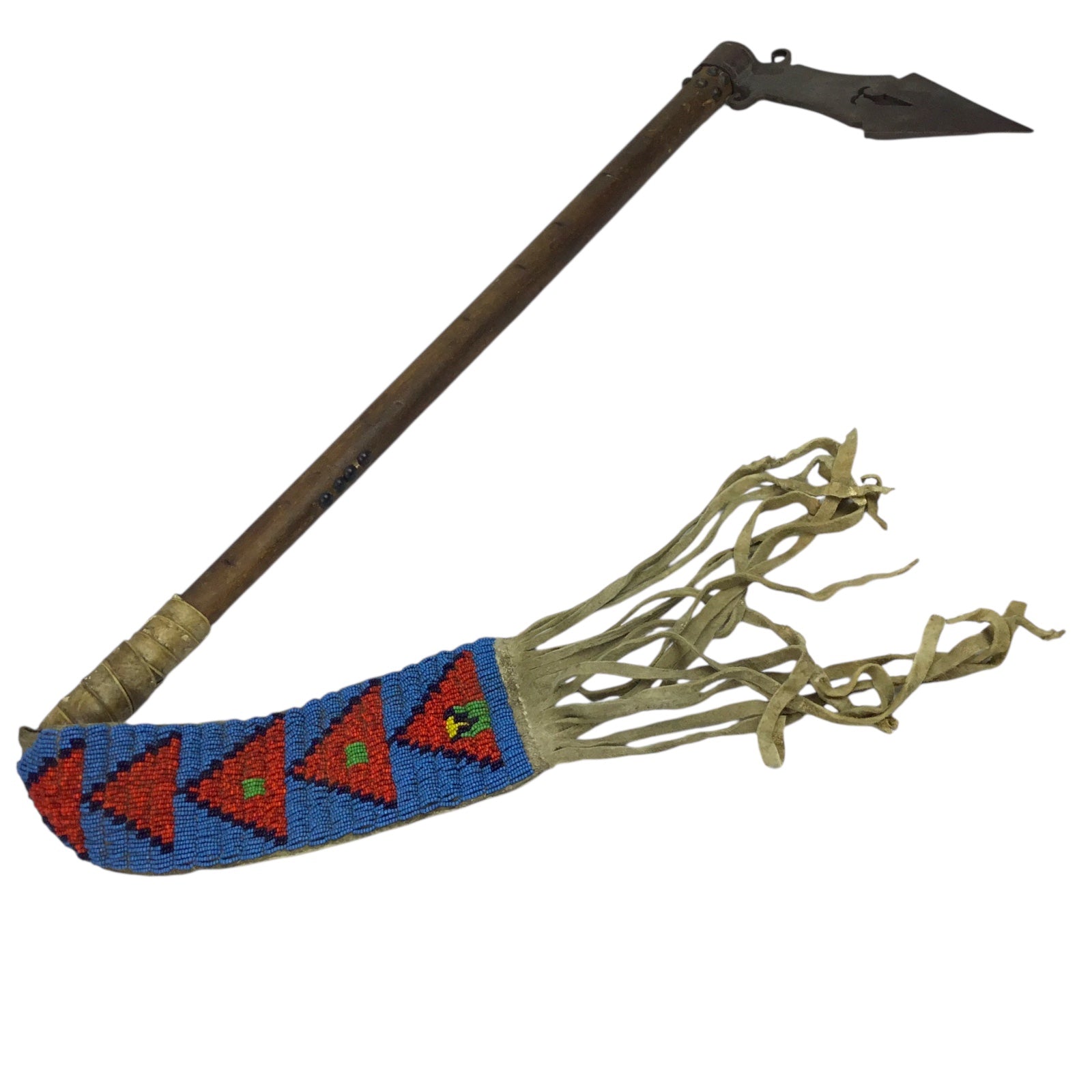 Large Native American Trade Tomahawk with Beaded and Leather Fringe Drop Indian War Period circa 1880 to 1905