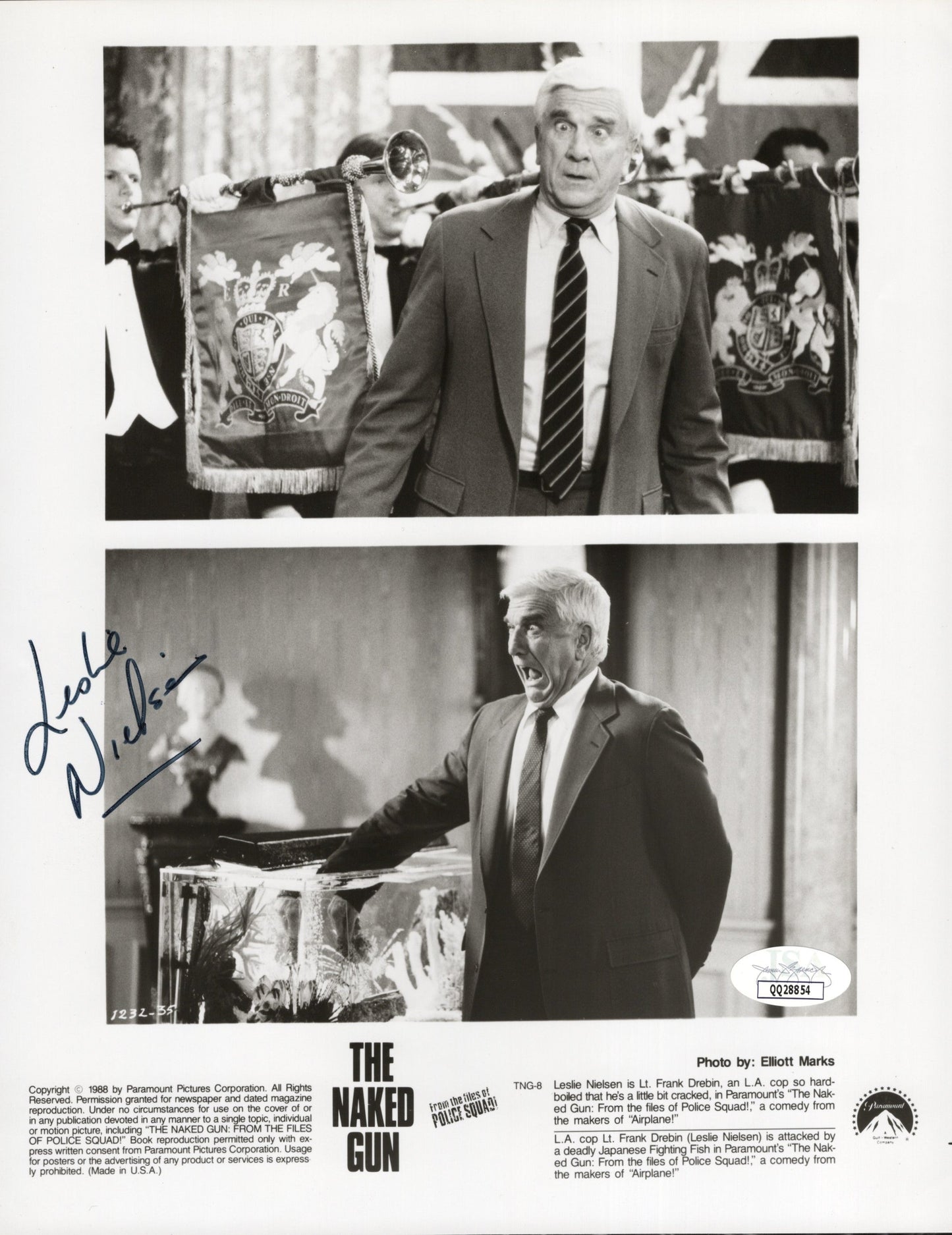 Leslie Nielsen in The Naked Gun Signed Promo Sheet 8x10 B&W - Rare! JSA Certified Authentic QQ28854