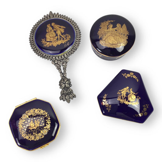 Limoges Cobalt Blue 22K Gold Trim Courtship Trinket Box & Mirror Set