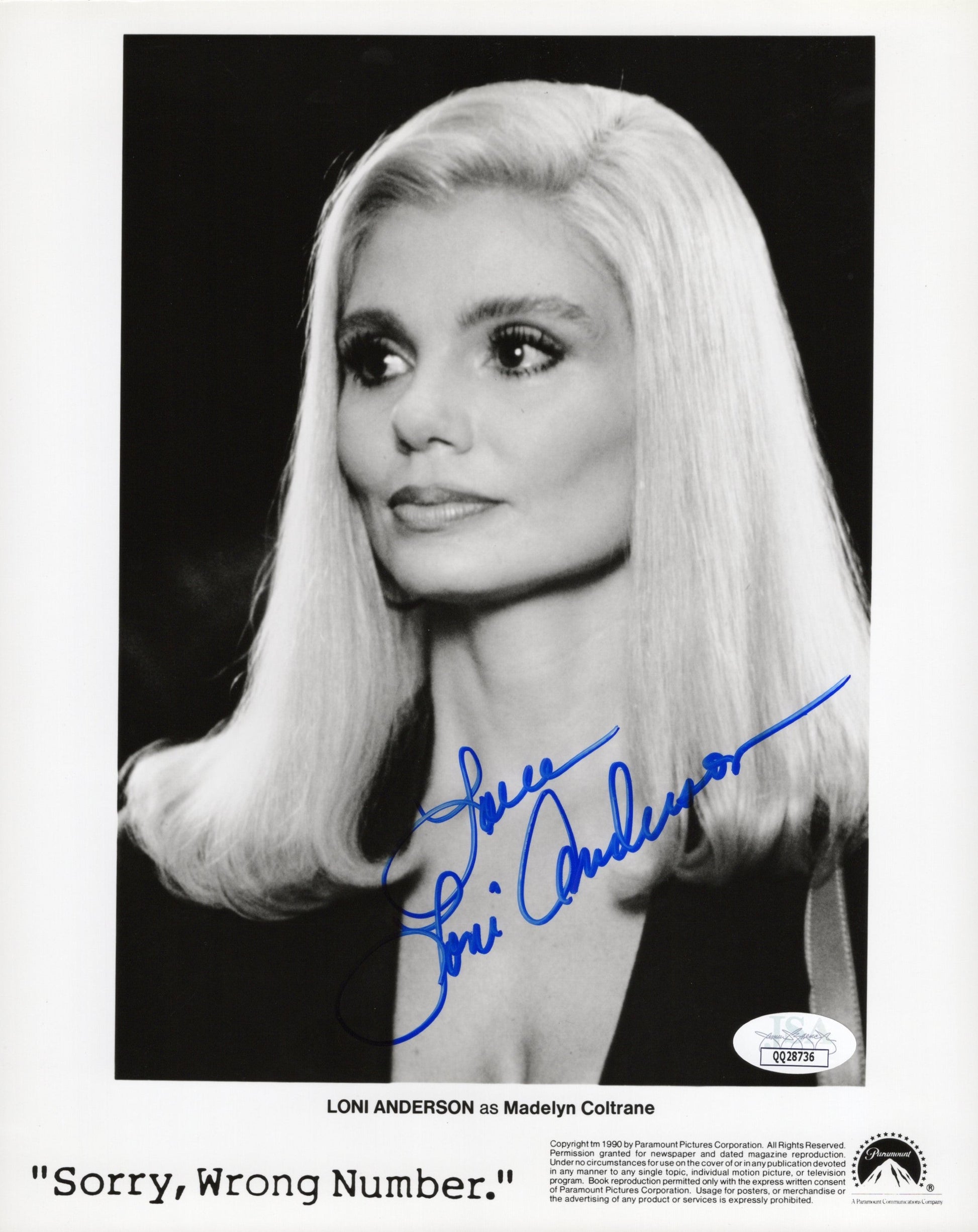 Loni Anderson Signed Photo 8x10, JSA Certified Authentic QQ28736