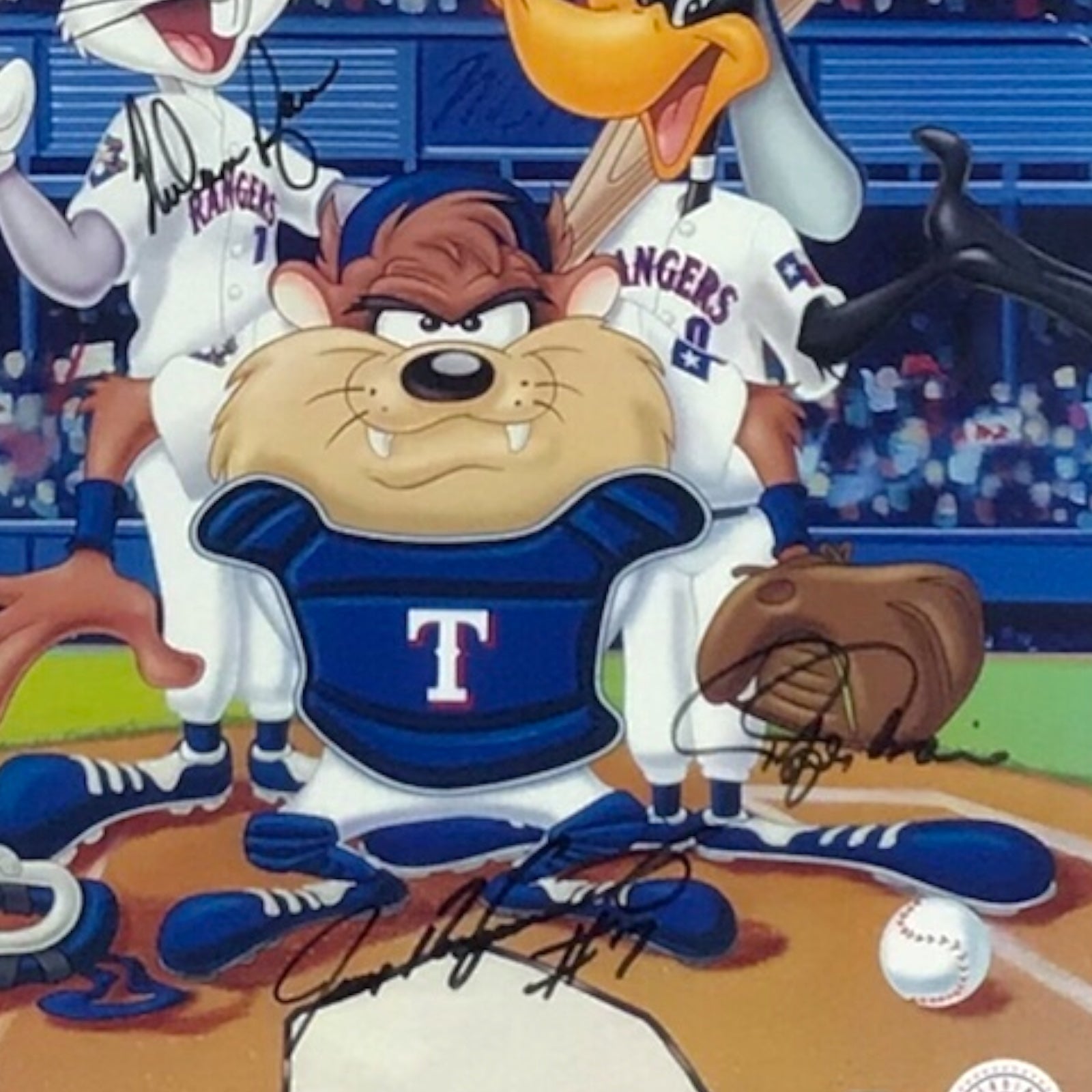 Looney Tunes At the Plate Rangers Limited Edition Art Signed Nolan Ryan, Pudge and Palmeiro