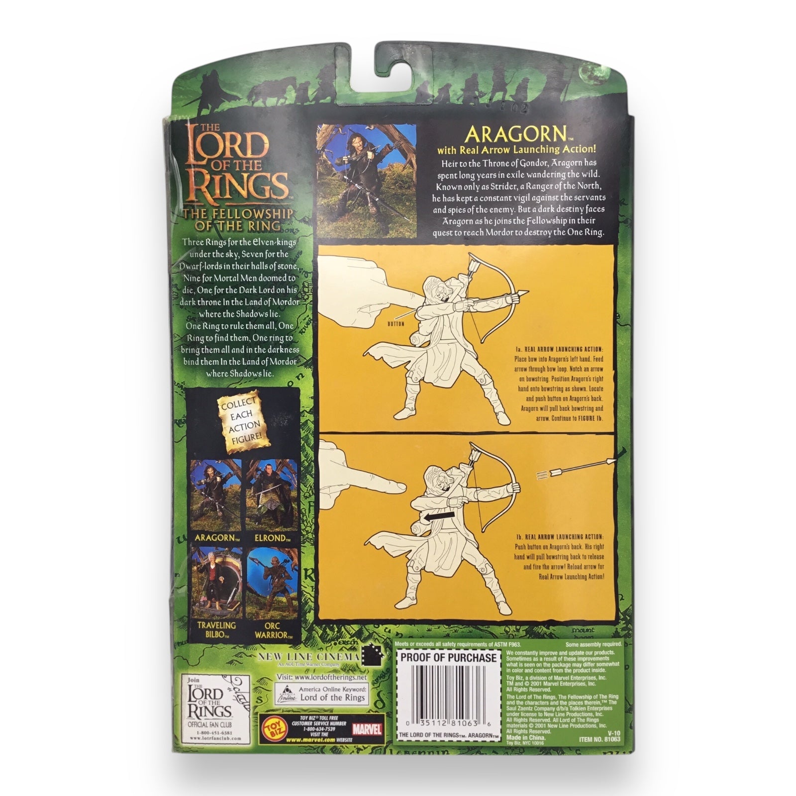 Lord of the Rings Fellowship of the Ring – Aragorn with Real Arrow Launching Action (Toy Biz, 2001, New in Box)