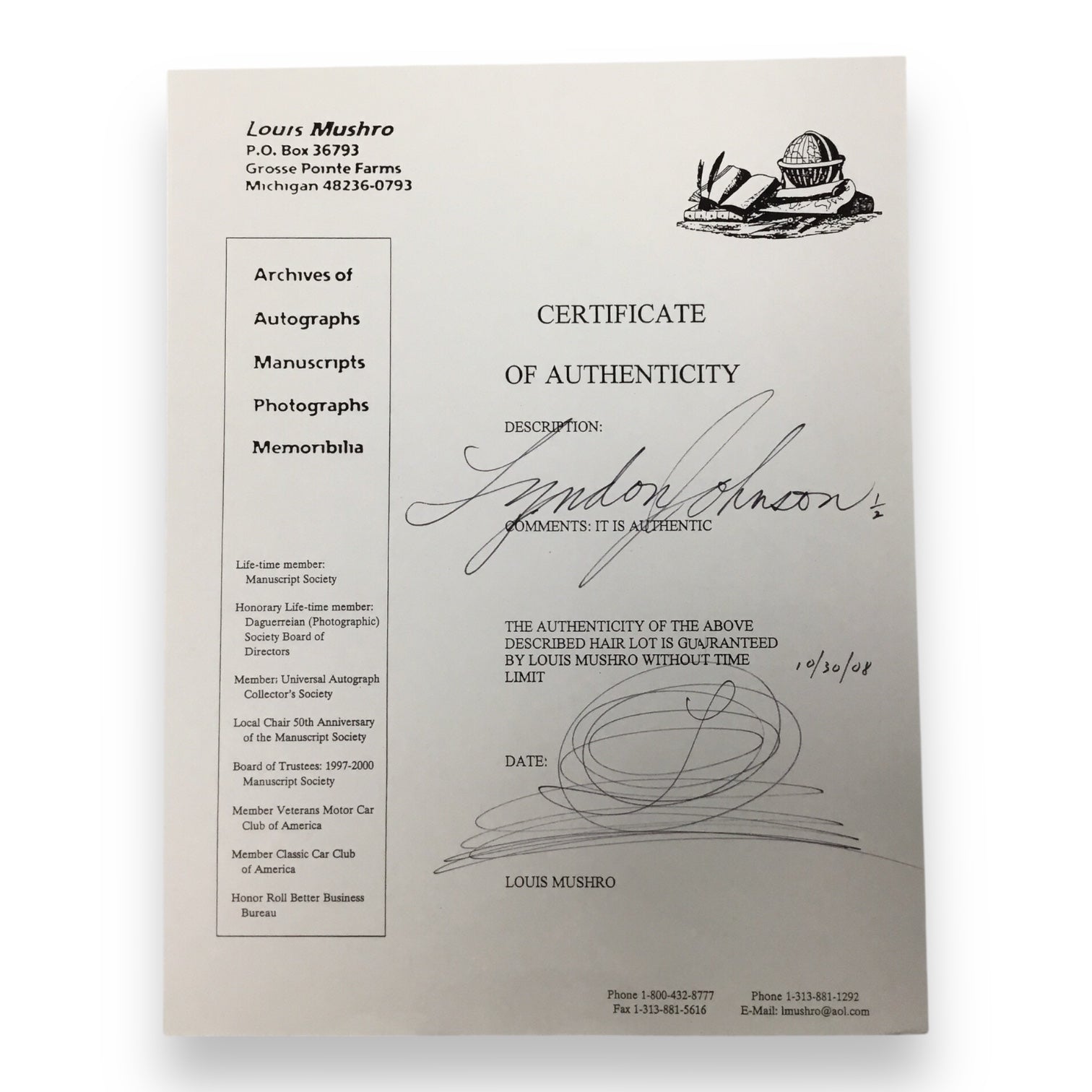 Lyndon B. Johnson Hair Clipping with Certificate of Authenticity