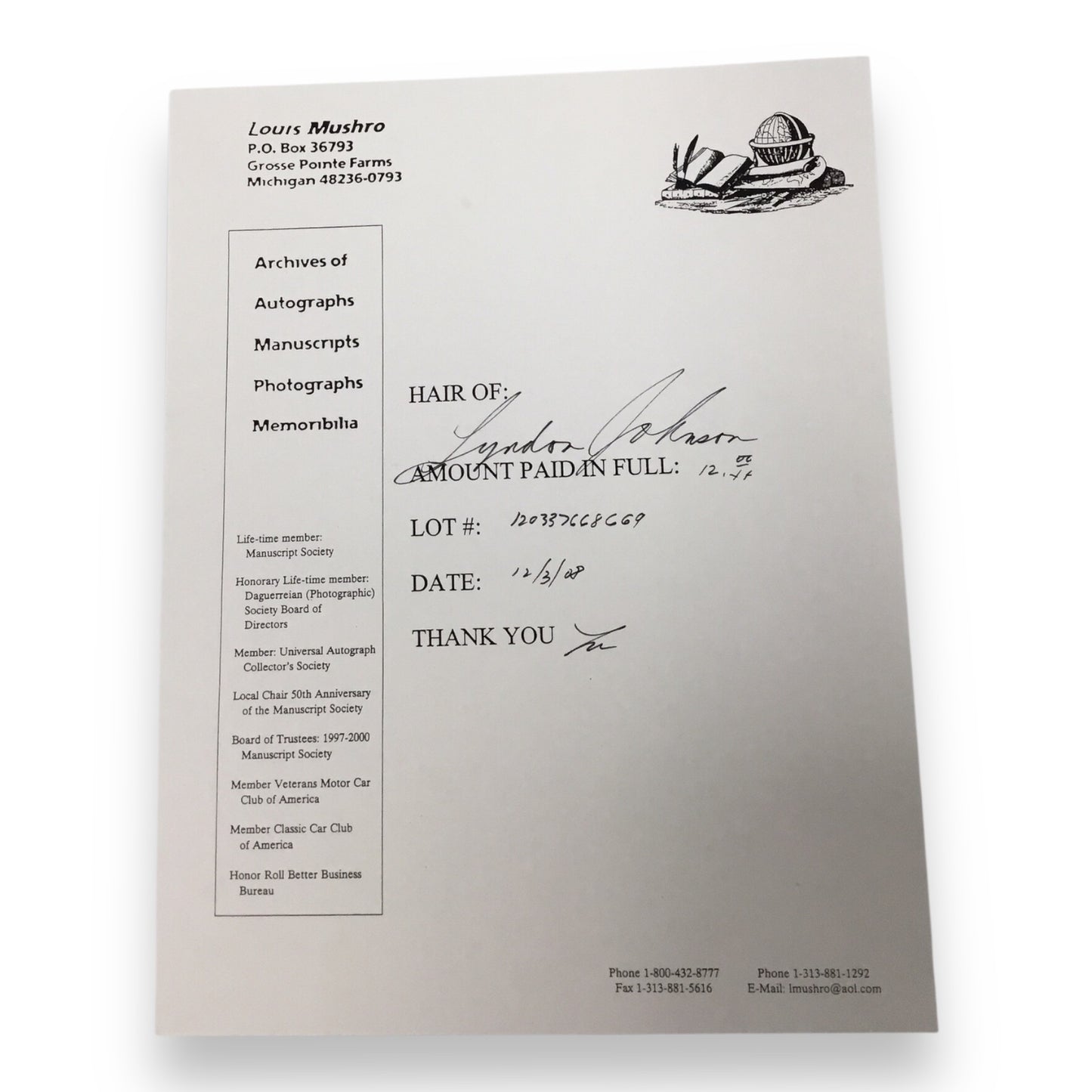 Lyndon B. Johnson Hair Clipping with Certificate of Authenticity