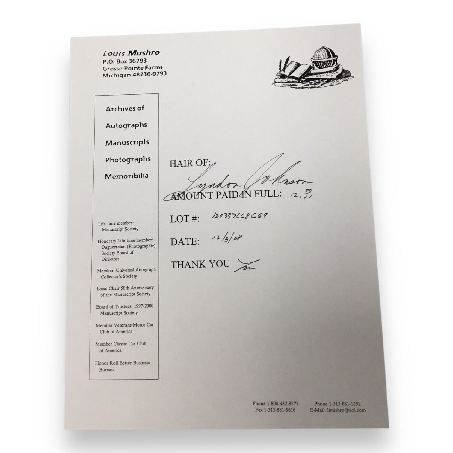 Lyndon B. Johnson Hair Clipping with Certificate of Authenticity