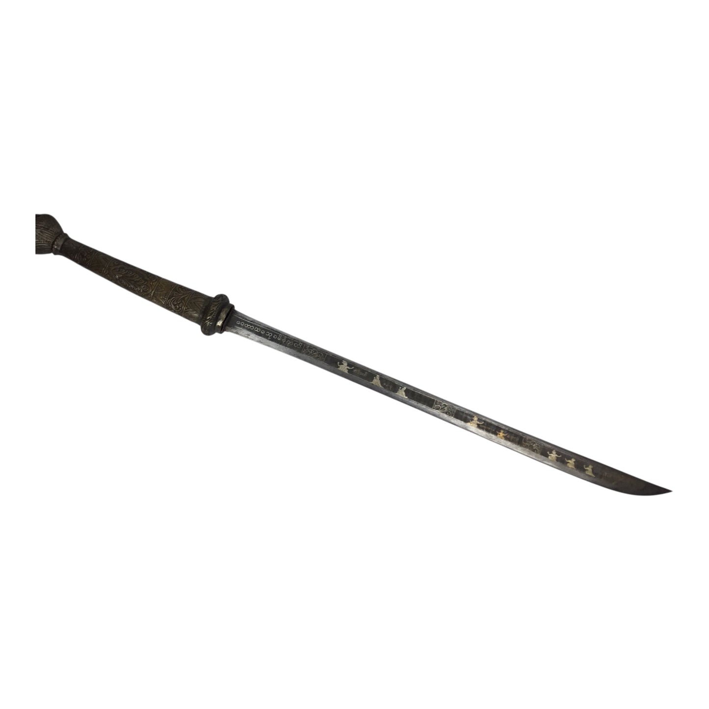 MASSIVE Burmese Dha with Elaborate Silvered Sheath and Fully Decorated Signed Blade