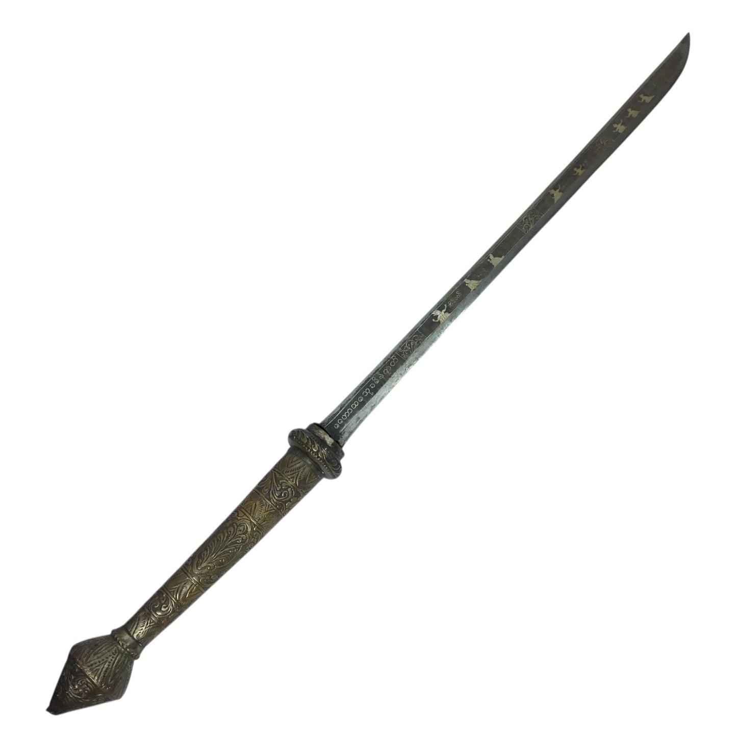 MASSIVE Burmese Dha with Elaborate Silvered Sheath and Fully Decorated Signed Blade