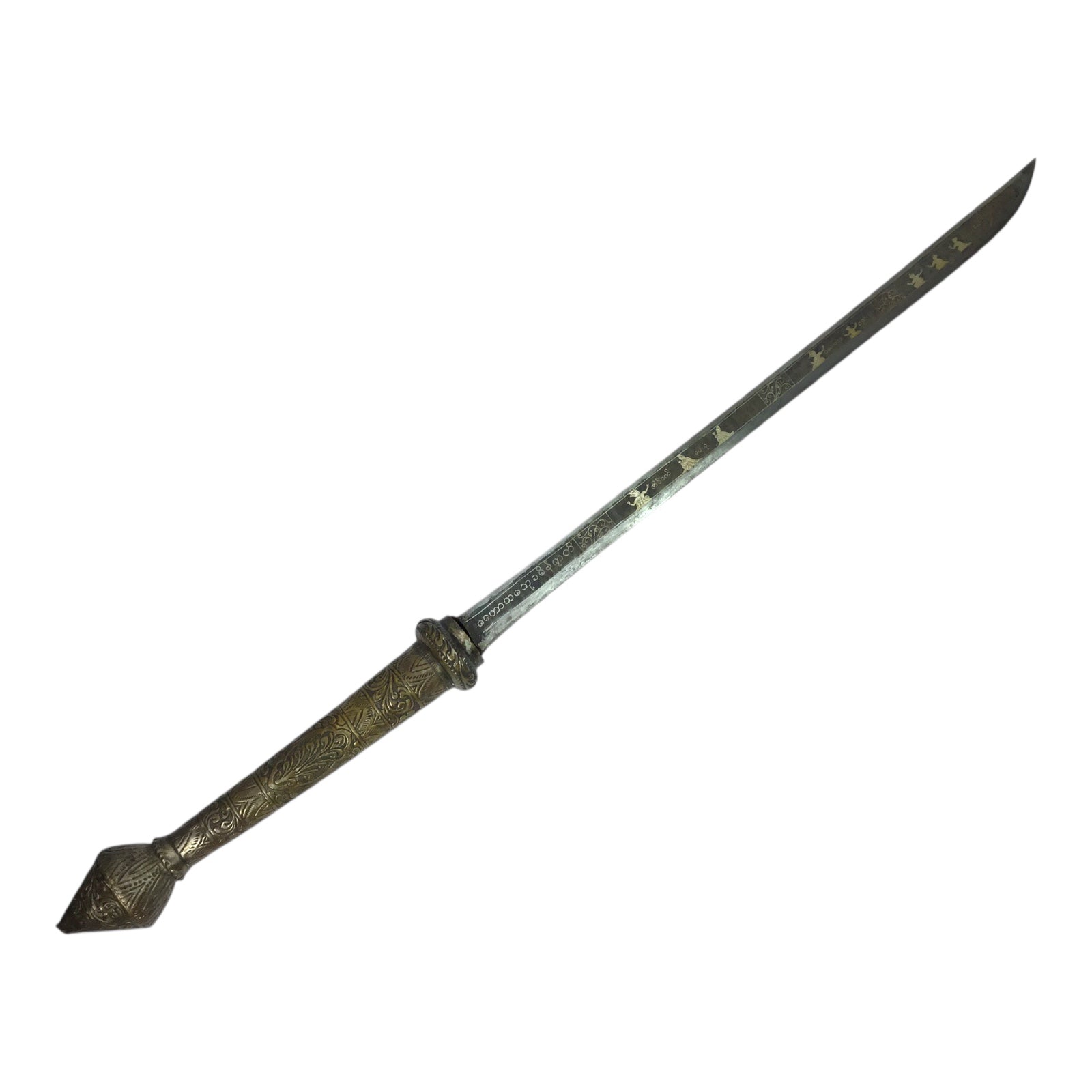 MASSIVE Burmese Dha with Elaborate Silvered Sheath and Fully Decorated Signed Blade