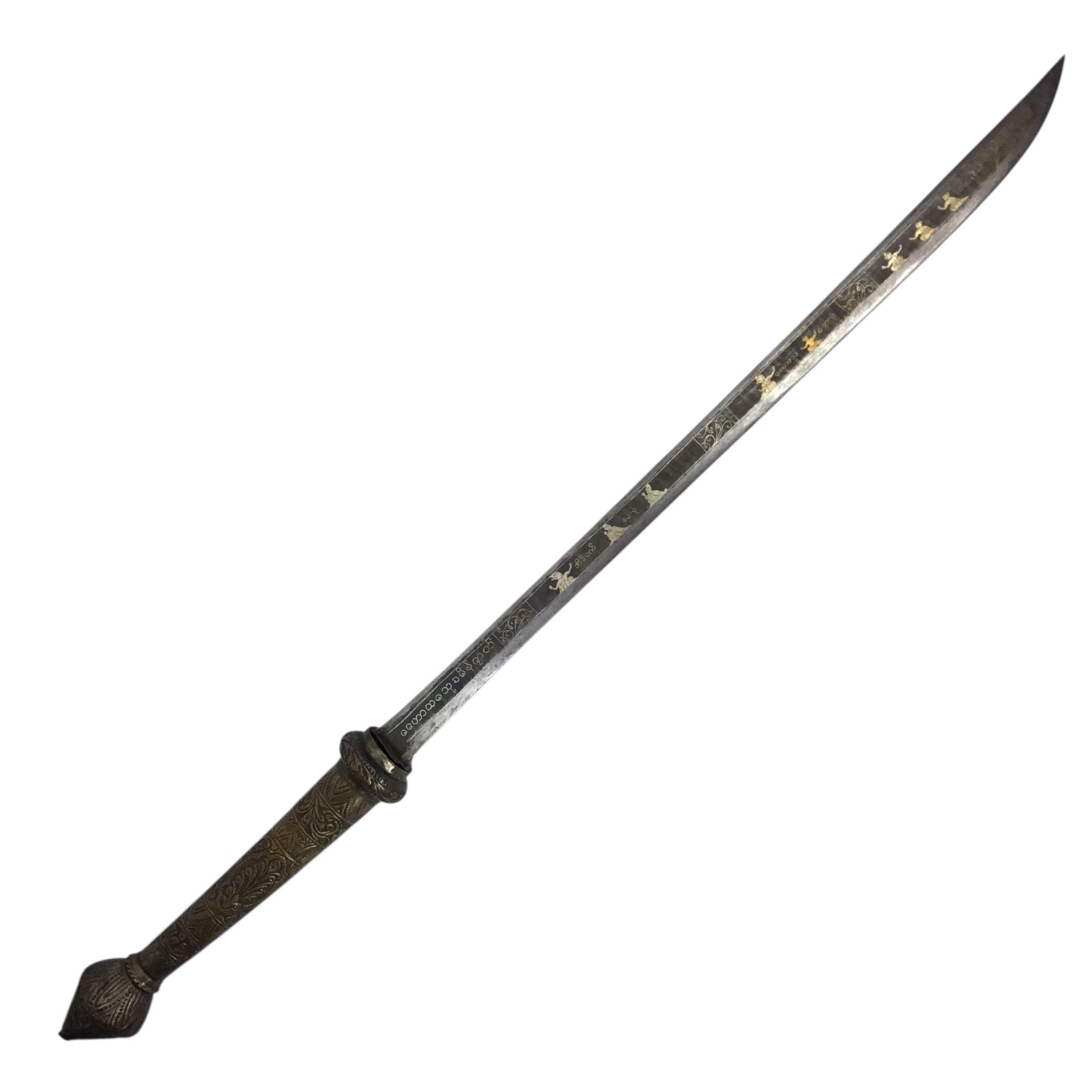 MASSIVE Burmese Dha with Elaborate Silvered Sheath and Fully Decorated Signed Blade