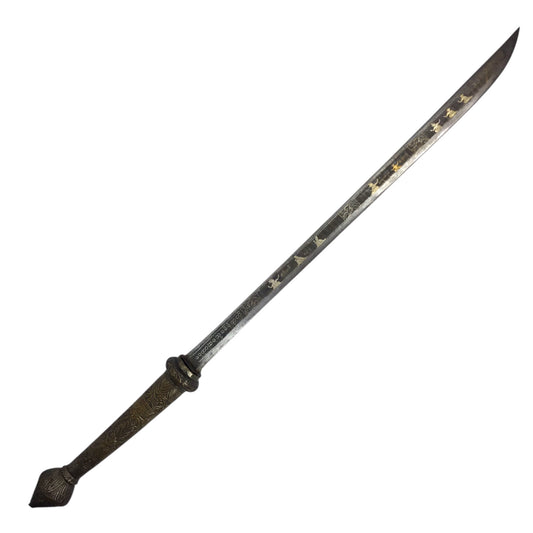 MASSIVE Burmese Dha with Elaborate Silvered Sheath and Fully Decorated Signed Blade