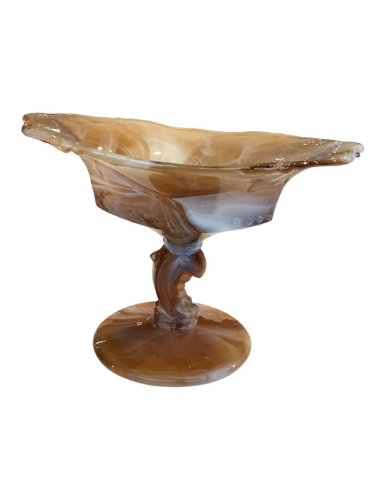 Marble Milk Glass Dish with Dolphin Stem